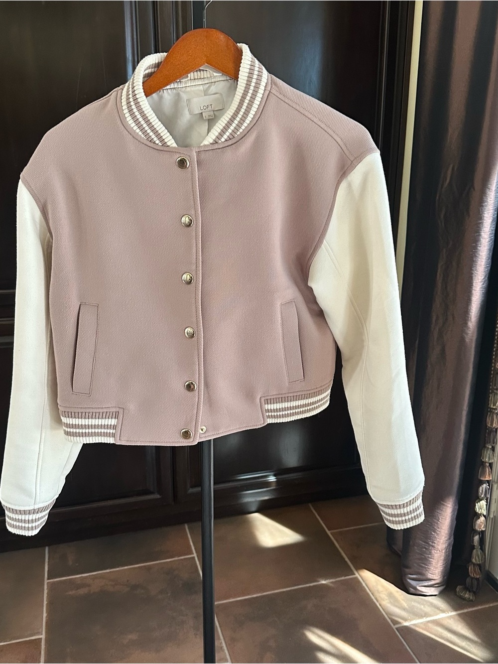 LOFT Dusty Pink and White Varsity Bomber Jacket